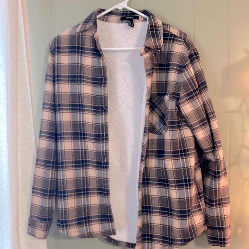 Sherpa lined plaid flannel button up shacket